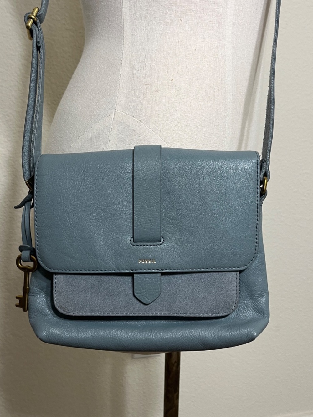 Fossil Kinley Smoke Blue Leather Crossbody Messenger Bag